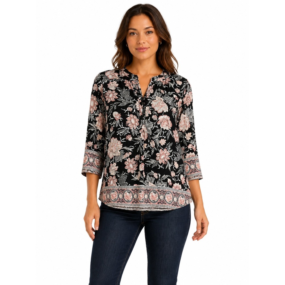 Lucky Brand Women's Floral Border Print Peasant Blouse 3/4 Sleeve Black Pink 1X - Picture 2 of 4